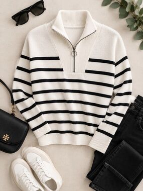 Reitmans Cream and Black Striped Half-Zip Cowl Sweater
